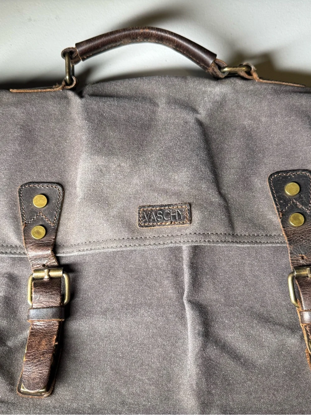 Vaschy Waxed Canvas & Leather Messenger Bag in Gray/Brown